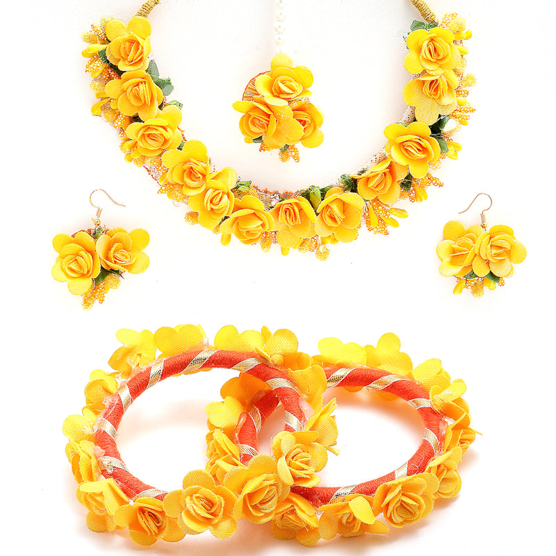 Gold-Plated Yellow Floral Haldi Jewellery Set Combo
