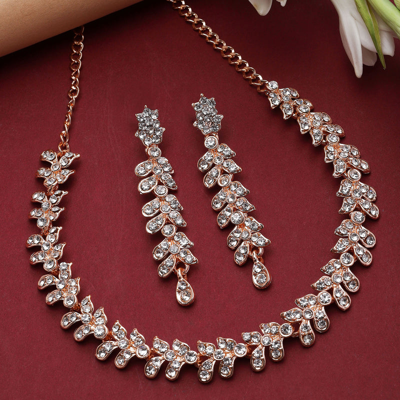 Rose Gold-Plated White Cubic Zirconia Studded Leafy Shaped Necklace with Earrings Jewellery Set
