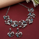 Silver-Plated Blue Cubic Zirconia & White Pearls Studded Leaf Shaped Necklace with Earrings Jewellery Set