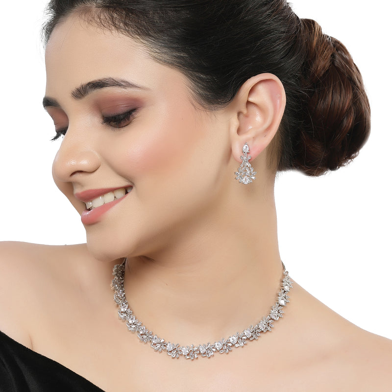Rhodium-Plated with Silver-Toned Floral and Pear Design White American Diamond Studded Jewellery Set
