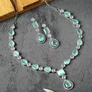 Rhodium-Plated Sea Green American Diamond Studded Fashionable Necklace & Earrings Jewellery Set