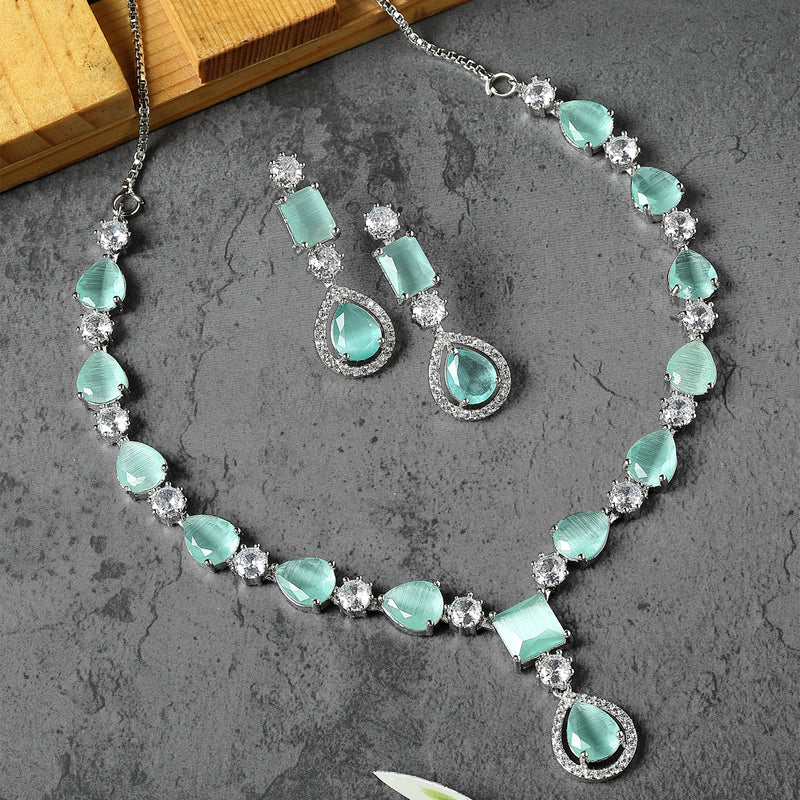 Rhodium-Plated Sea Green American Diamond Studded Fashionable Necklace & Earrings Jewellery Set