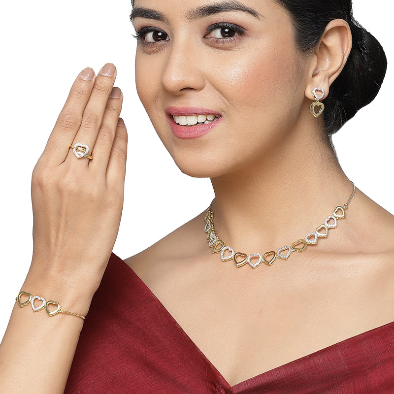 Gold-Plated Dual Toned White American Diamond Studded Heart Shaped Jewellery Set