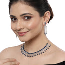 Rhodium-Plated with Silver-Toned Navy Blue American Diamond Studded Jewellery Set