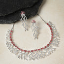 Rhodium-Plated Red American Diamond Studded Eccentric Design Necklace & Earrings Jewellery Set