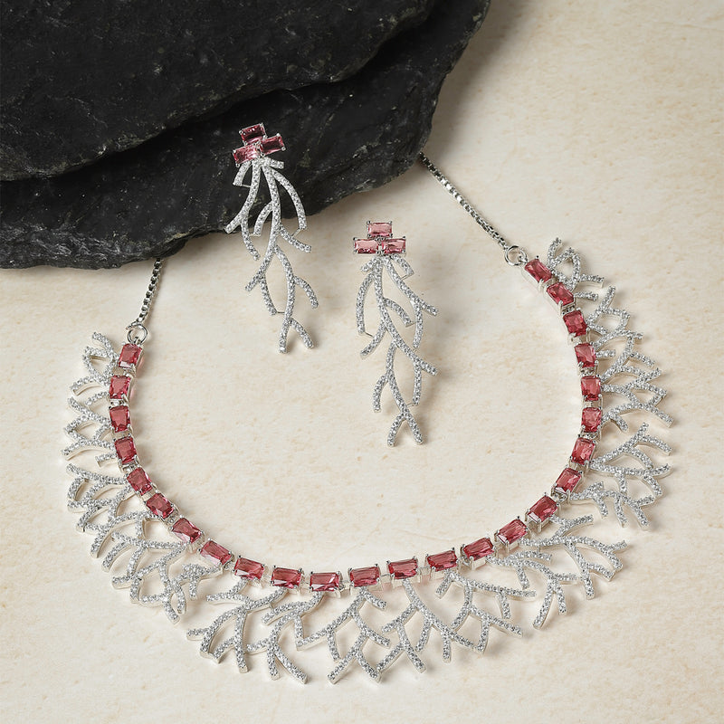Rhodium-Plated Red American Diamond Studded Eccentric Design Necklace & Earrings Jewellery Set