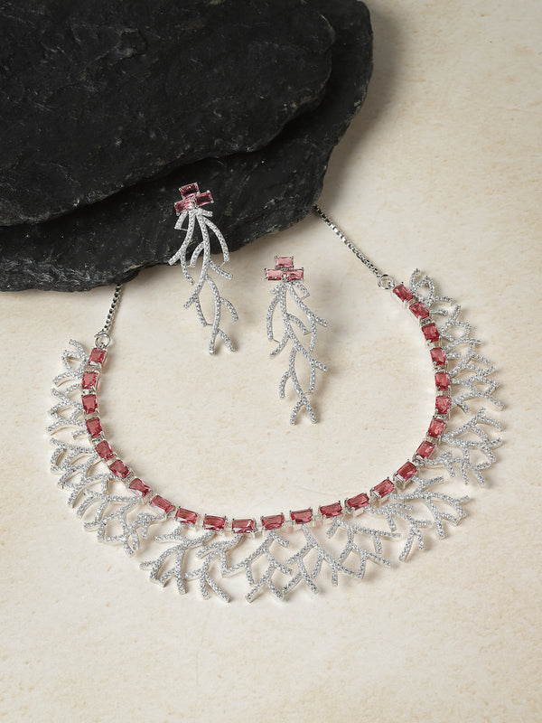 Rhodium-Plated Red American Diamond Studded Eccentric Design Necklace & Earrings Jewellery Set