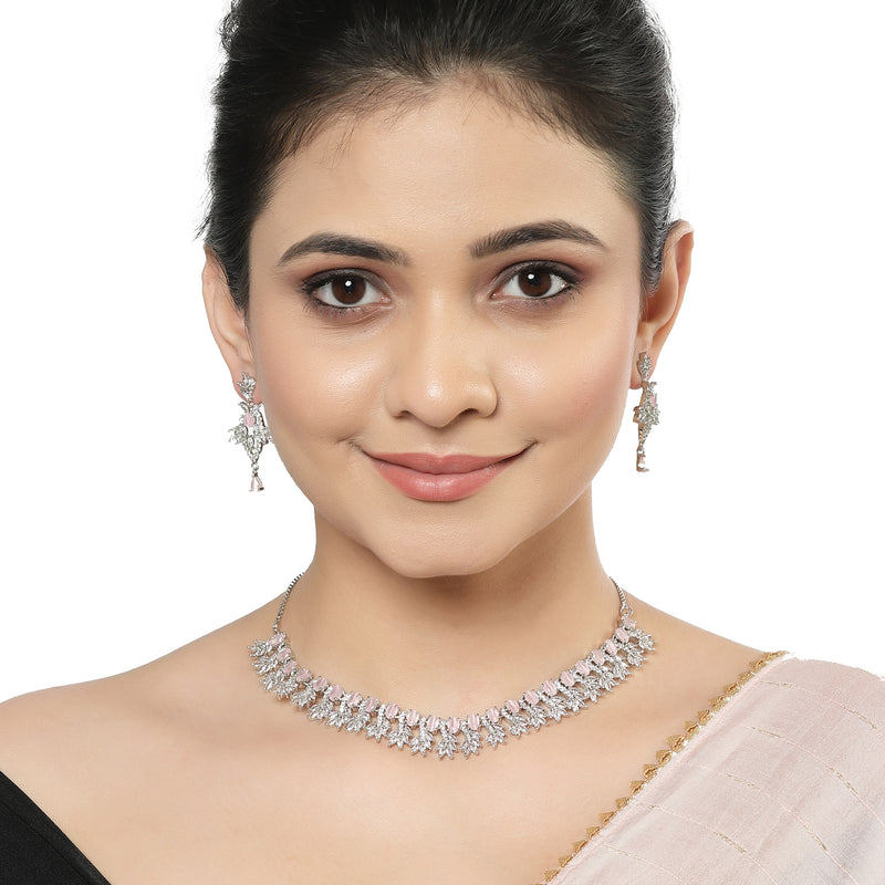 Rhodium-Plated with Silver-Toned Pink and White American Diamond Studded Embellish Statement Jewellery Set