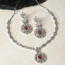 Rhodium-Plated Silver Tone Square Red American Diamond Studded Necklace Earring Jewellery Set