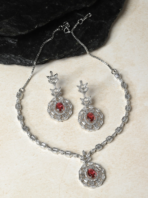 Rhodium-Plated Silver Tone Square Red American Diamond Studded Necklace Earring Jewellery Set