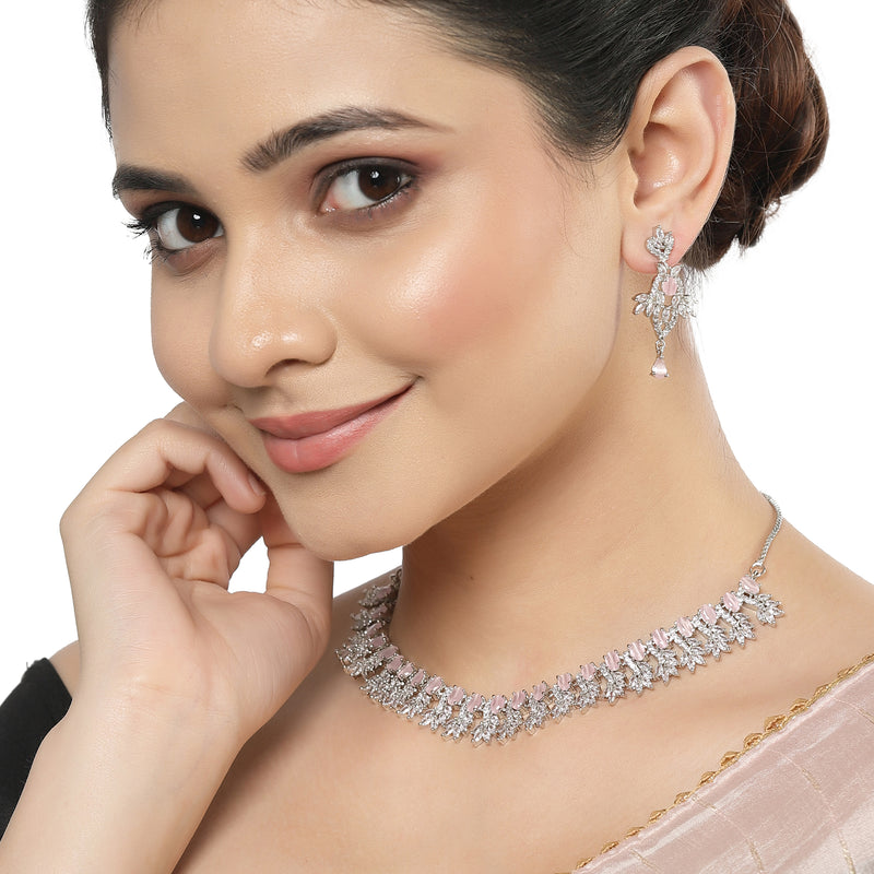 Rhodium-Plated with Silver-Toned Pink and White American Diamond Studded Embellish Statement Jewellery Set