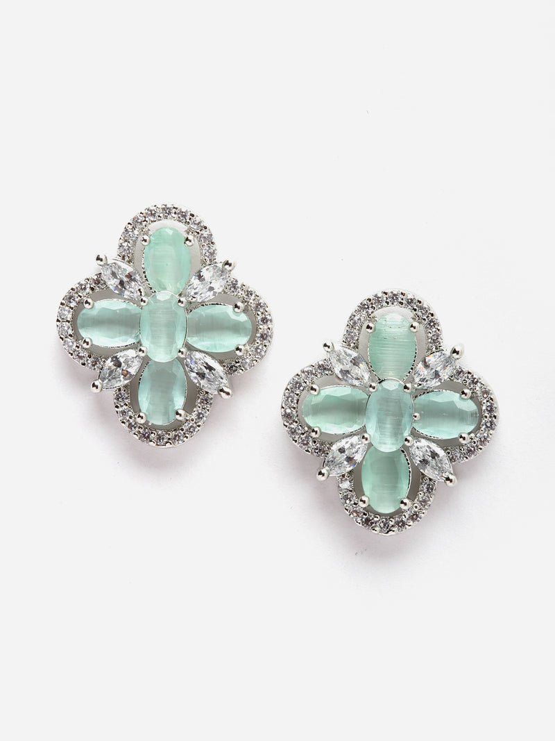 Rhodium-Plated Sea Green American Diamond studded Floral Shaped Stud Earrings