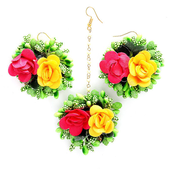 Gold-Plated Pearl Green Yellow & Pink Gota Patti Flower Maang Tikka Set