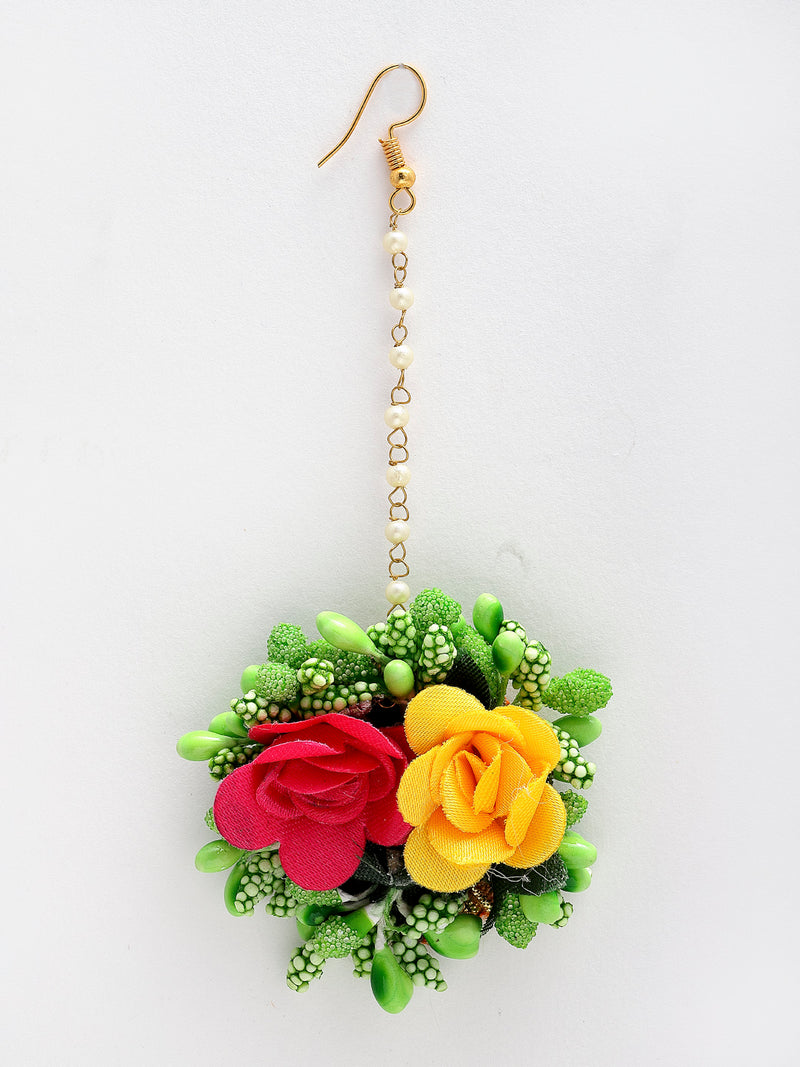 Red Yellow & Green Floral Gota Patti Drop Maang Tikka With Earring