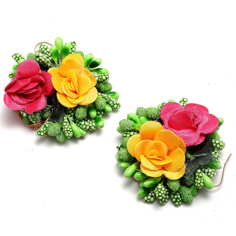 Gold-Plated Pearl Green Yellow & Pink Gota Patti Flower Maang Tikka Set