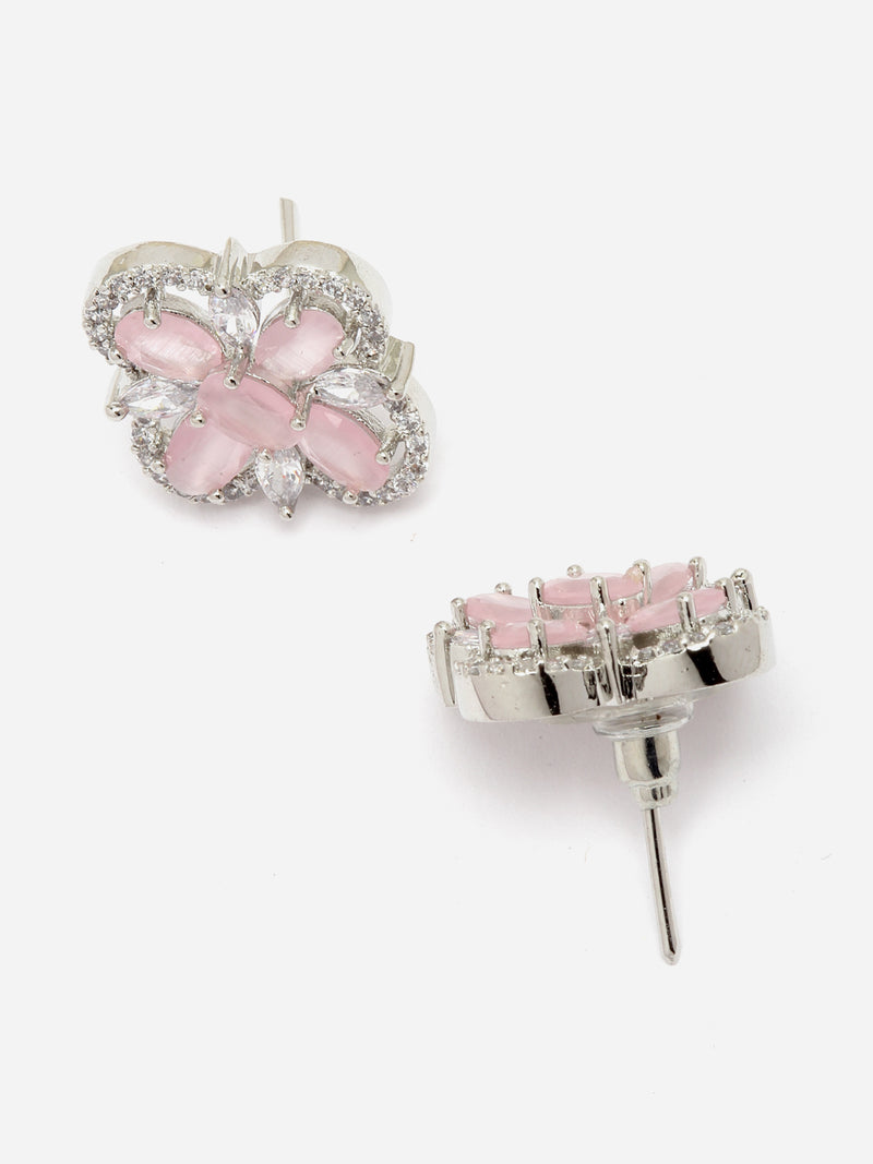 Rhodium-Plated Pink American Diamond studded Floral Shaped Stud Earrings