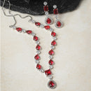 Rhodium-Plated Red American Diamond Studded Fashionable Necklace & Earrings Jewellery Set