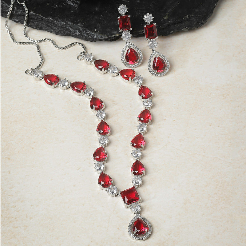 Rhodium-Plated Red American Diamond Studded Fashionable Necklace & Earrings Jewellery Set
