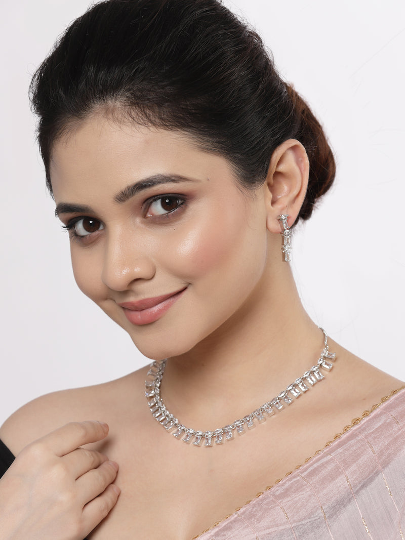 Rhodium-Plated with Silver-Toned White American Diamond Studded Jewellery Set