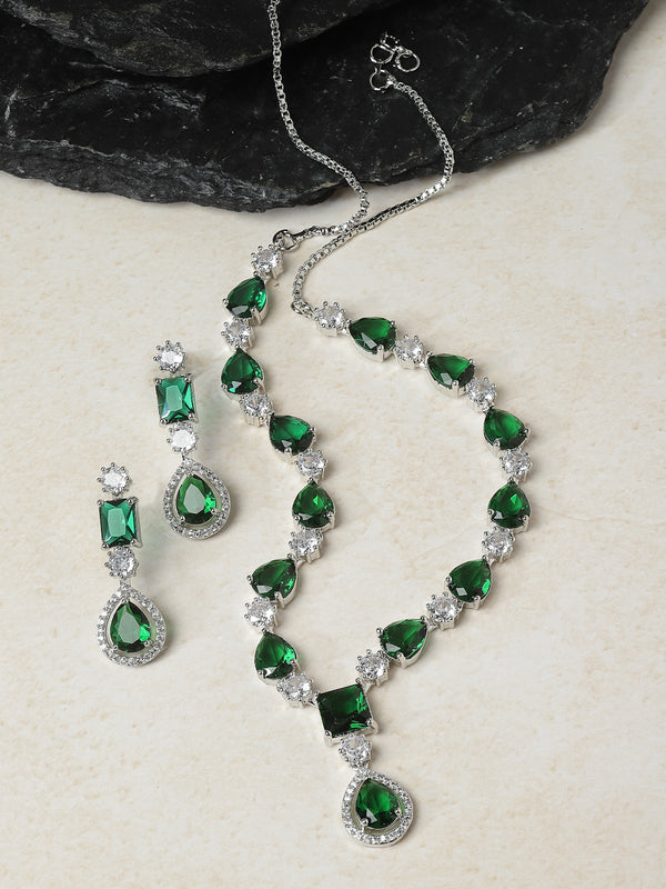 Rhodium-Plated Green American Diamond Studded Fashionable Necklace & Earrings Jewellery Set