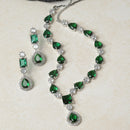 Rhodium-Plated Green American Diamond Studded Fashionable Necklace & Earrings Jewellery Set