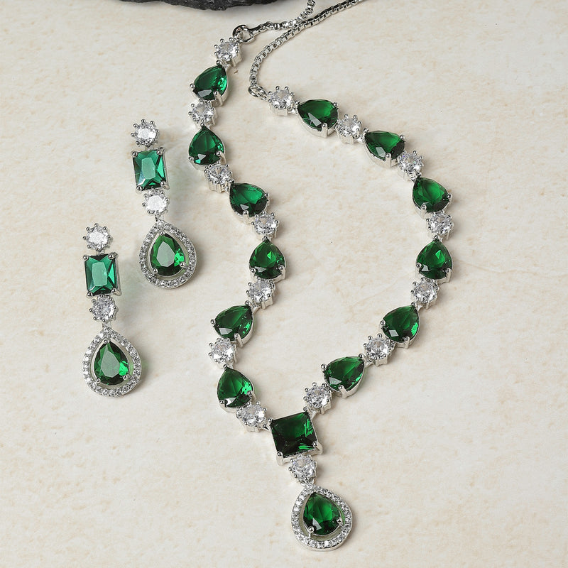 Rhodium-Plated Green American Diamond Studded Fashionable Necklace & Earrings Jewellery Set