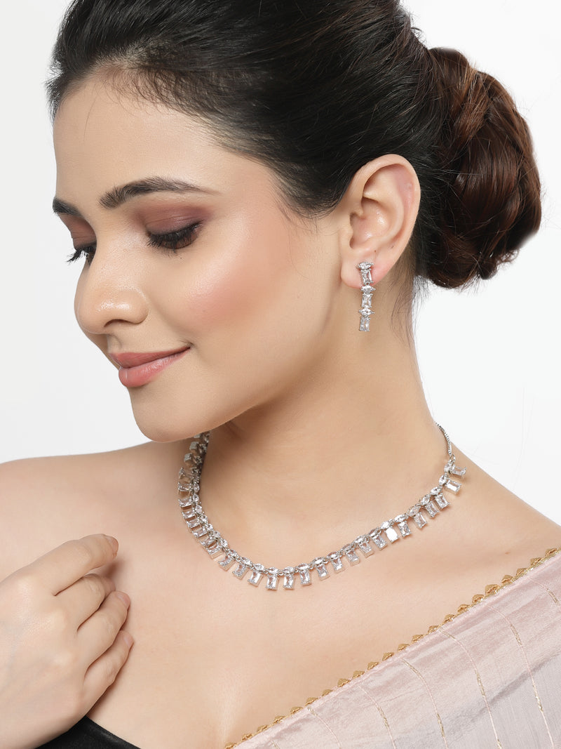 Rhodium-Plated with Silver-Toned White American Diamond Studded Jewellery Set