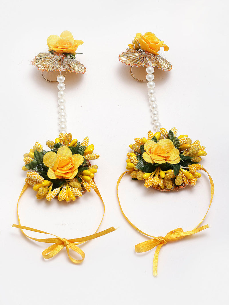 Gold-Plated Yellow & Green Pearl Gota Patti Flower Jewellery Set Combo (Haldi, Mehndi, Bridal Shower )