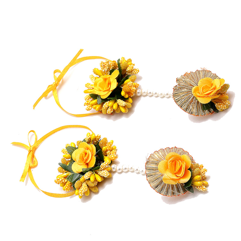 Gold-Plated Yellow & Green Pearl Gota Patti Flower Jewellery Set Combo (Haldi, Mehndi, Bridal Shower )