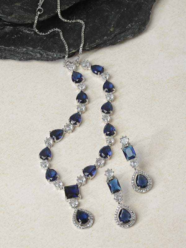 Rhodium-Plated Navy Blue American Diamond Studded Fashionable Necklace & Earrings Jewellery Set