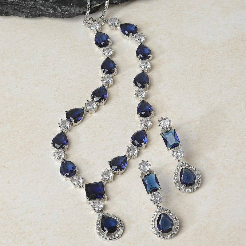 Rhodium-Plated Navy Blue American Diamond Studded Fashionable Necklace & Earrings Jewellery Set