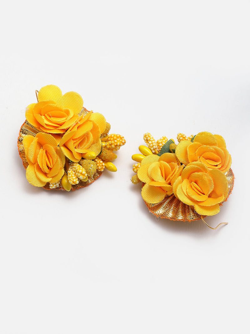 Gold-Plated Yellow & Green Pearl Gota Patti Flower Jewellery Set Combo (Haldi, Mehndi, Bridal Shower )