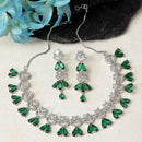 Rhodium-Plated Green American Diamond Studded Teardrop & Crescent Shaped Necklace with Earrings Jewellery Set