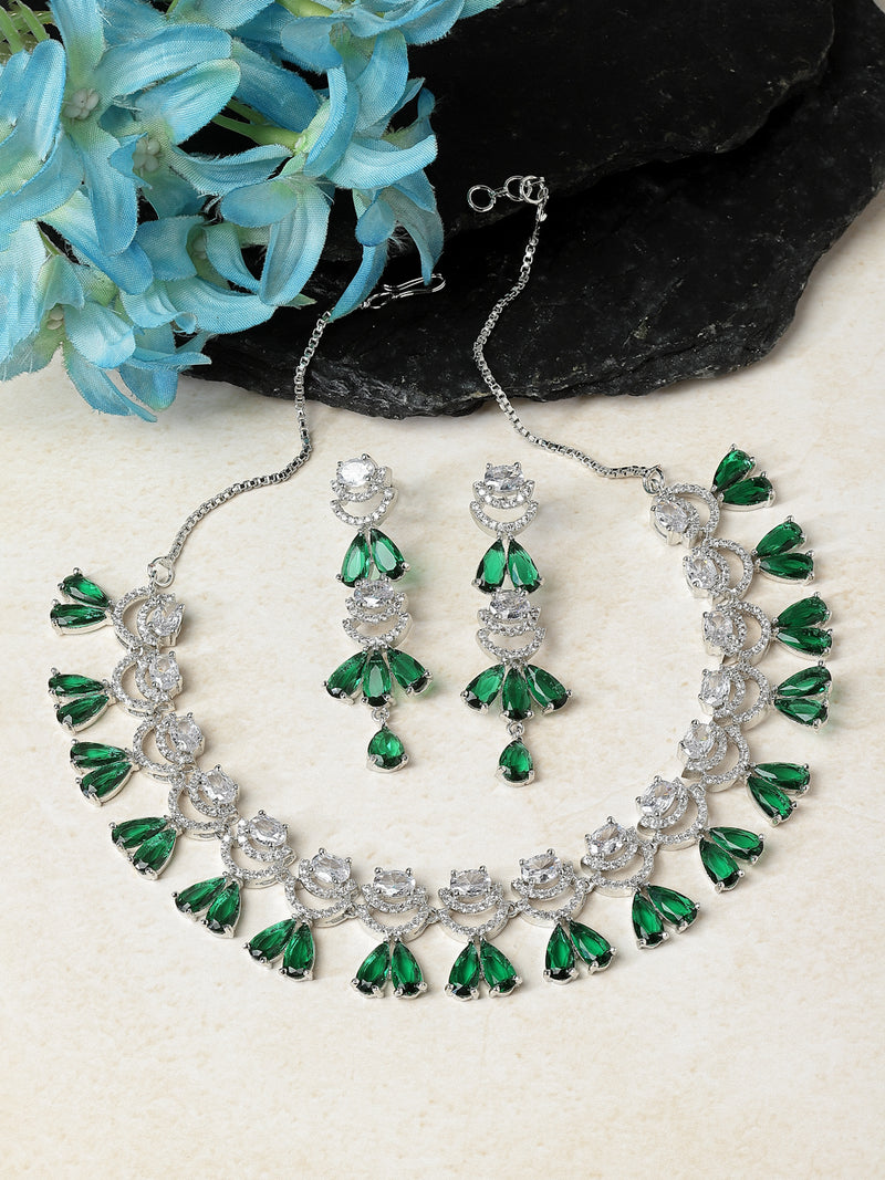 Rhodium-Plated Green American Diamond Studded Teardrop & Crescent Shaped Necklace with Earrings Jewellery Set