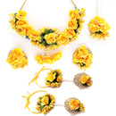 Gold-Plated Yellow & Green Pearl Gota Patti Flower Jewellery Set Combo (Haldi, Mehndi, Bridal Shower )