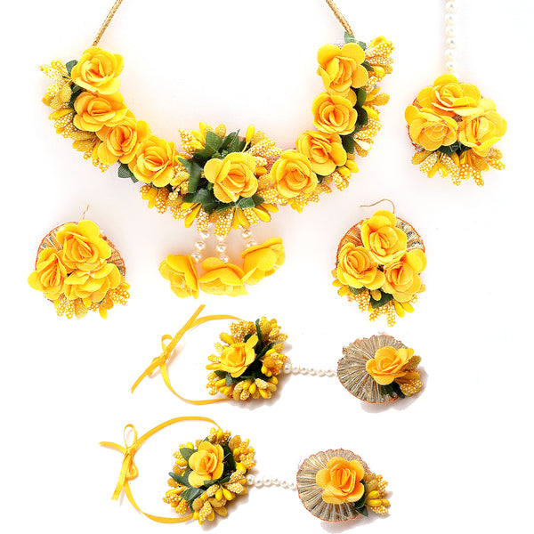 Gold-Plated Yellow & Green Pearl Gota Patti Flower Jewellery Set Combo (Haldi, Mehndi, Bridal Shower )