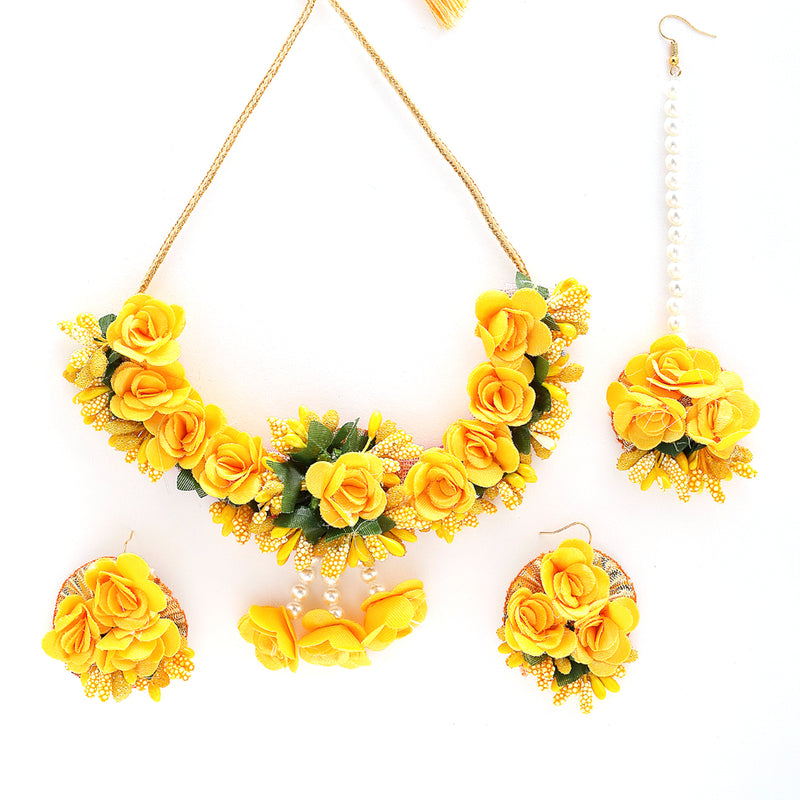 Gold-Plated Yellow & Green Pearl Gota Patti Flower Jewellery Set Combo (Haldi, Mehndi, Bridal Shower )