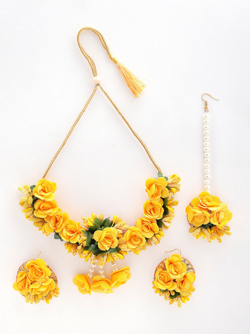 Gold-Plated Yellow & Green Pearl Gota Patti Flower Jewellery Set Combo (Haldi, Mehndi, Bridal Shower )