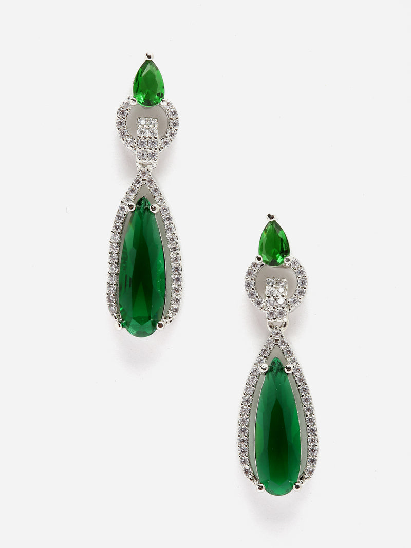 Rhodium-Plated Green American Diamond studded Handcrafted Long Teardrop Shaped Drop Earrings