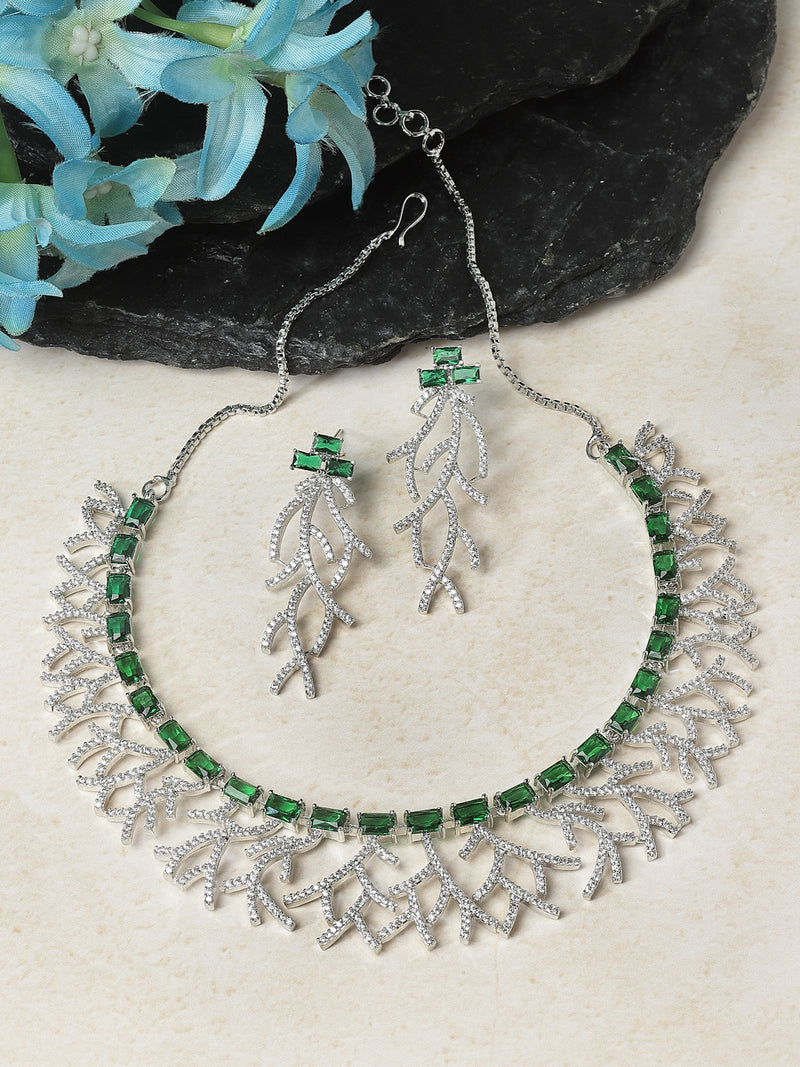 Rhodium-Plated Green American Diamond Studded Eccentric Design Necklace & Earrings Jewellery Set