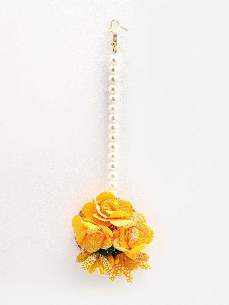 Gold-Plated Yellow & Green Pearl Gota Patti Flower Jewellery Set Combo (Haldi, Mehndi, Bridal Shower )