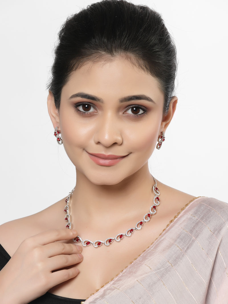 Rhodium-Plated with Silver-Toned Red and White Cubic Zirconia & American Diamond studded Necklace and Drop Earrings Jewellery Set