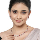 Rhodium-Plated with Silver-Toned Red and White Cubic Zirconia & American Diamond studded Necklace and Drop Earrings Jewellery Set