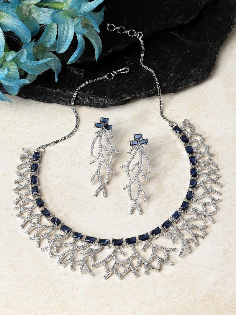 Rhodium-Plated Navy Blue American Diamond Studded Eccentric Design Necklace & Earrings Jewellery Set
