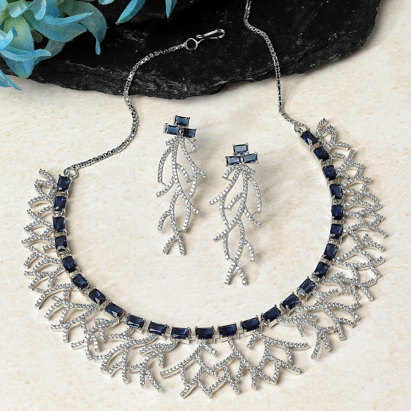 Rhodium-Plated Navy Blue American Diamond Studded Eccentric Design Necklace & Earrings Jewellery Set