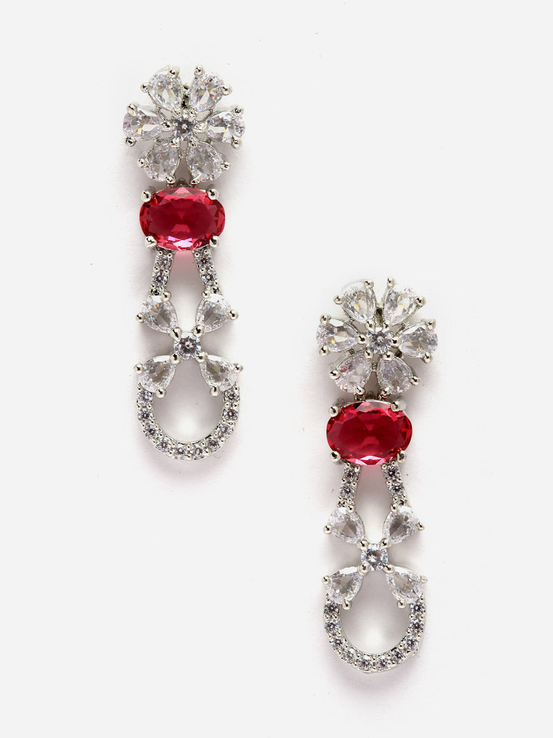 Rhodium-Plated Red American Diamond studded Floral Shaped Drop Earrings