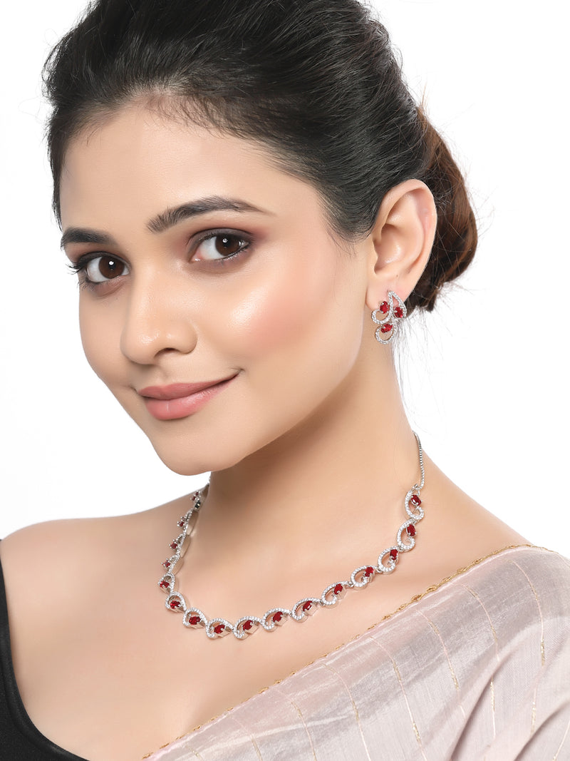 Rhodium-Plated with Silver-Toned Red and White Cubic Zirconia & American Diamond studded Necklace and Drop Earrings Jewellery Set