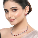 Rhodium-Plated with Silver-Toned Red and White Cubic Zirconia & American Diamond studded Necklace and Drop Earrings Jewellery Set