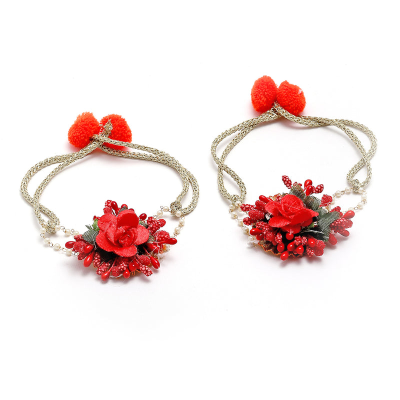 Red Pearl Gota Patti Flower Wedding Jewellery Set Combo