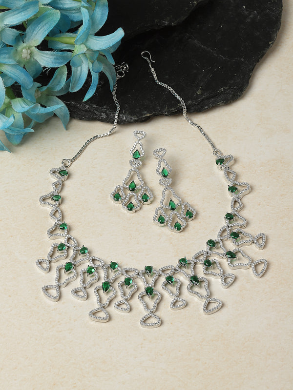 Rhodium-Plated Green American Diamond Studded Quirky Design Necklace with Earrings Jewellery Set